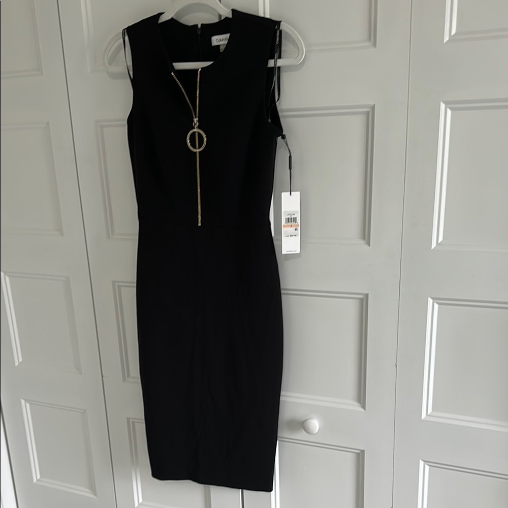 NWT Calvin Klein Black Midi Dress with Gold Accent